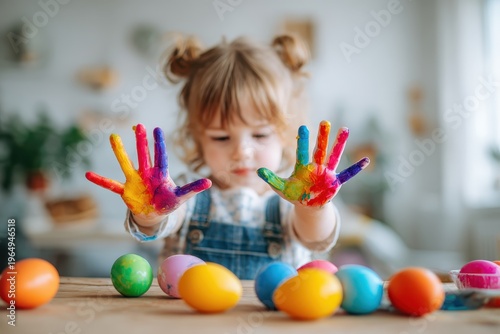Little Artist's Rainbow Hands: A young child with colorful paint-covered hands looks down at their masterpiece of painted Easter eggs.