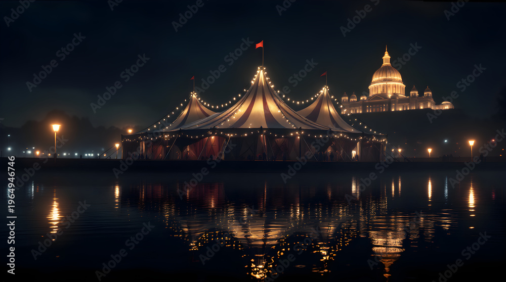Fototapeta premium Night circus tent reflection water landmark