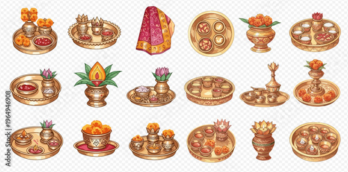 Set of traditional Indian puja thali and ritual items for religious ceremonies and festivals.