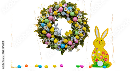Easter wreath, colorful eggs, yellow bunny, spring decorations, holiday icons, vector illustrations