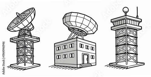 Illustration of three anti-missile radar station icons, including satellite dishes and towers for defense systems.