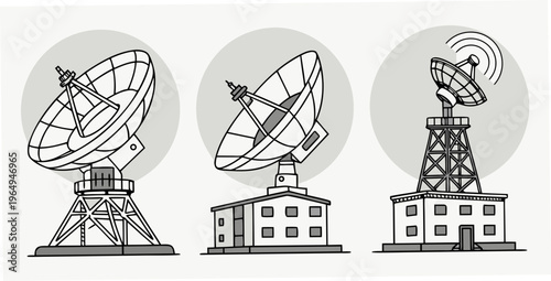 Three anti-missile radar station icons in black and white, depicting various defense system structures with satellite dishes on different bases.