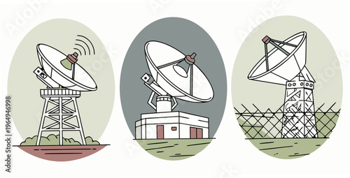 Set of anti-missile radar station icons, missile defense system, satellite dish antennas.