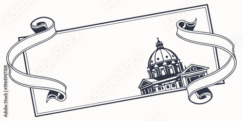 3D ribbon frame set with curved ribbon borders and modern architectural design elements, featuring a building with a dome, for certificate, award, or diploma templates.
