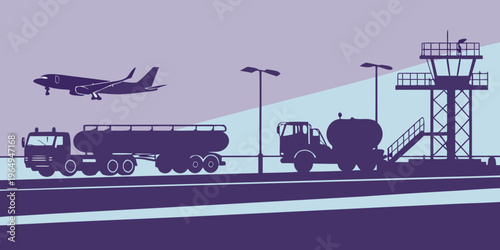 Airport runway with transport vehicles and airplane silhouettes at dusk, featuring a fuel truck and catering vehicle.