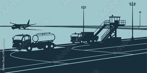 Airport runway with transport vehicles and airplane silhouettes at dusk, depicting ground handling and logistics operations.
