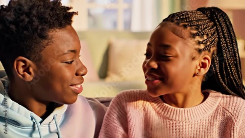 A young boy and girl share a laugh together in a cozy living room setting