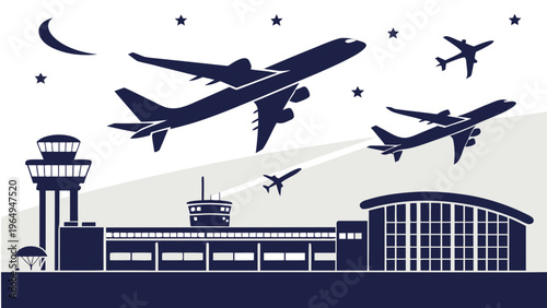 Collection of airport airplane silhouettes at dusk with control tower, terminal building, and planes taking off, nighttime travel concept