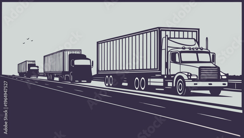 Semi-trucks driving on highway road, cargo logistics transport trucks silhouettes.