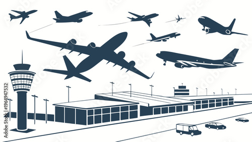 Collection of airplane silhouettes flying over airport terminal building and control tower, with vehicles on the tarmac, illustration.