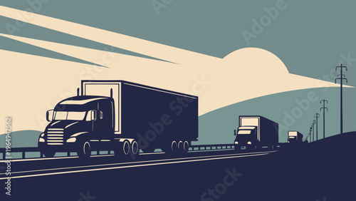 Semi-trucks driving on a highway with mountains in the background at sunset, cargo logistics and transportation concept.