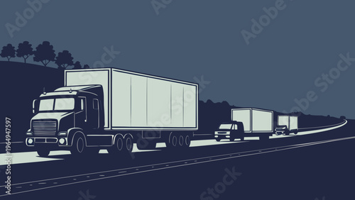 Semi-trucks driving on a highway at dusk, cargo logistics transport trucks silhouettes.