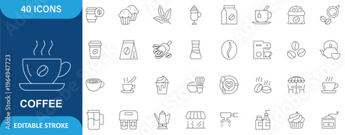 coffee icon set. coffee, mug, coffee cup, coffee machine, coffee beans, and etc. Editable stroke. Vector illustration.