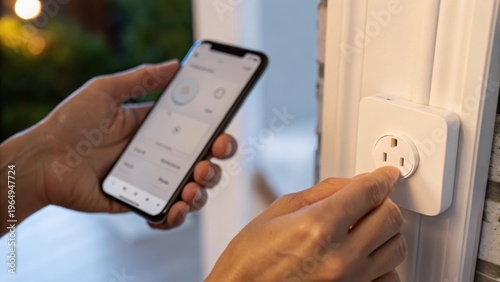 A person uses a smartphone app to control a smart plug connected to an electrical outlet indoors.