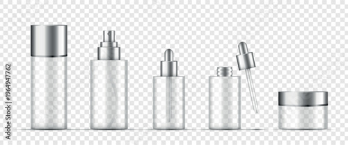 Transparent glass cosmetic bottles and jar set with dropper and pump on white background