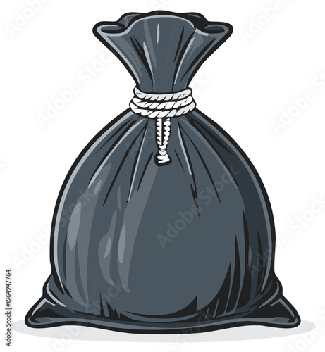 Cartoon illustration of a full black garbage bag tied with white rope