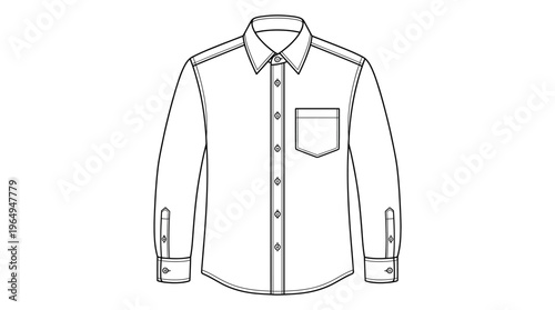 Outline drawing of a long-sleeved collared shirt with a single pocket.