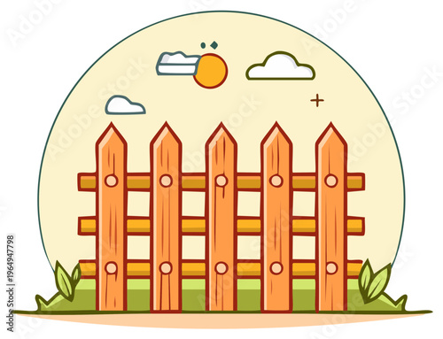 Whimsical wooden picket fence illustration under sunny sky with green grass
