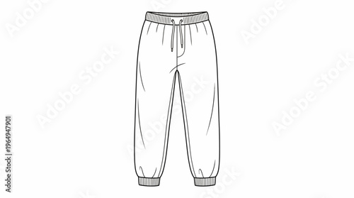 Technical sketch of mens or womens sweatpants, featuring an elastic waistband with drawstring and ribbed cuffs.