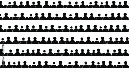 Abstract crowd pattern featuring rows of simple black human silhouettes on a white background representing population density.