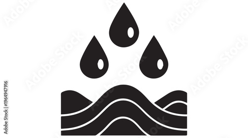 A black and white illustration of water droplets falling onto wavy lines
