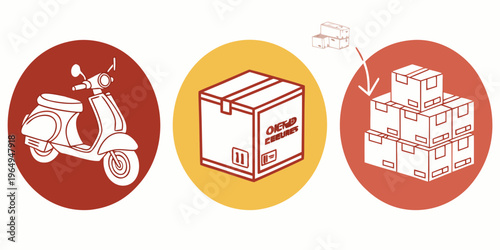 Delivery transport icons set with scooter, package box and cargo boxes, illustrating logistics and shipping concepts.