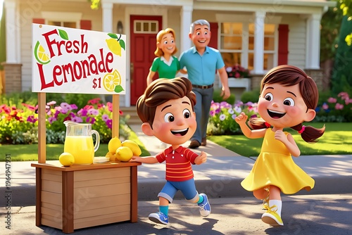 Happy family enjoys a refreshing glass of homemade lemonade on a sunny day