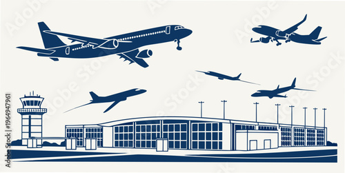 Vector illustration of airport with aircraft silhouettes in flight, travel and transportation concept.