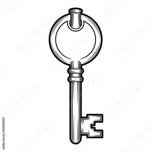 A large oldfashioned skeleton key with a circular bow and teeth  isolated object icon