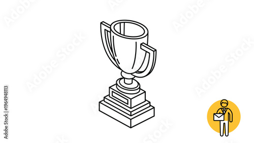 Outline illustration of winner trophy cup on pedestal symbolize success, achievement, and victory in sports or business competitions.