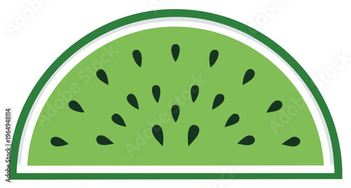 Half kiwi fruit illustration, green segment with dark seeds, white border, vector