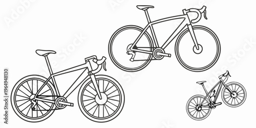 Collection of line art icons featuring road bike, mountain bike, and bicycle illustrations in a minimalist style, perfect for design and transportation themes.