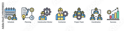 Execution Phase web banner icon vector illustration with icons of Schedule,Planning,Construction Worker,Contractor,Project Team,Coordination and Success