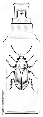 Minimalist black and white line drawing of an insecticide spray bottle with a trapped beetle inside