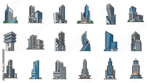 Set of various modern architectural building designs featuring skyscrapers, office blocks, and creative urban structures in blue tones.