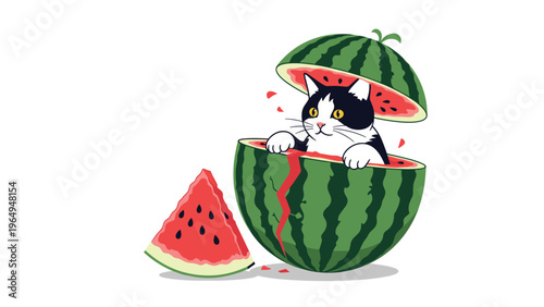 Adorable black and white cat peeking out from a sliced watermelon on a white background creating a cute and whimsical summer scene.