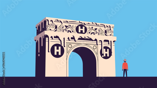 Conceptual illustration of Arc de Triomphe monument with melting dark substance and logo against a blue sky with a small person.