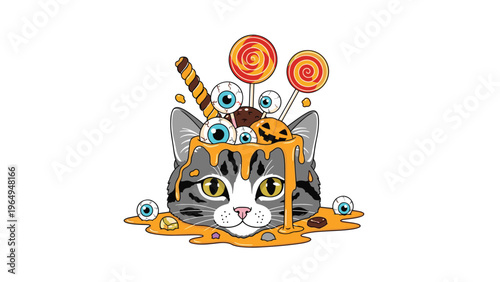 Halloween themed illustration of a tabby cat head covered in melted orange syrup with candies, eyeballs, and lollipops on top.
