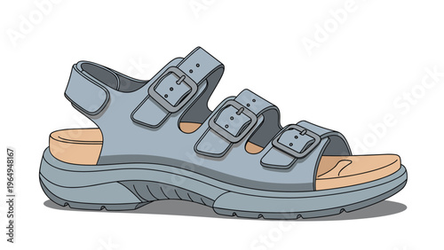 Realistic illustration of a blue sporty sandal with multiple adjustable straps and buckles designed for comfortable walking and hiking.
