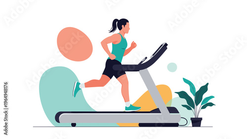 Young woman in athletic wear running on a modern treadmill for fitness and health with abstract shapes and a plant in background.