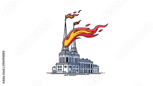 Stylized drawing of a classic cathedral or church building with large flames coming out from its spires representing a fire incident.