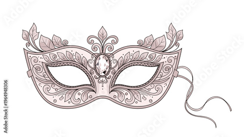 Intricate and decorative carnival or masquerade mask with floral patterns, leaves, and a central gem for a formal festive event.