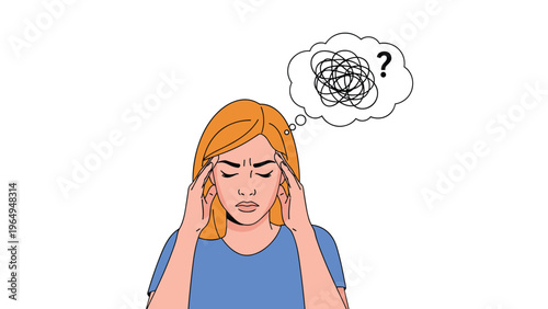 Illustration of a woman touching her temples with a pained expression and a thought bubble filled with tangled lines and a question mark.