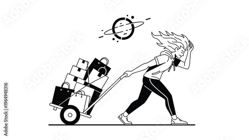 Energetic black and white line drawing of a woman pulling a heavy trolley full of shopping bags and boxes under a dark sun.