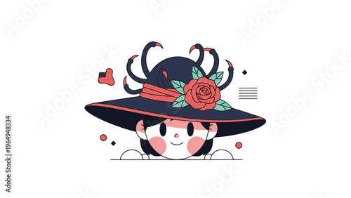 Adorable illustration of a young girl wearing a witch hat decorated with a red rose and spider legs peeking from below.