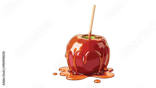 Delicious red apple is coated in thick dripping caramel syrup on a wooden stick, representing a classic sweet treat for autumn fairs.