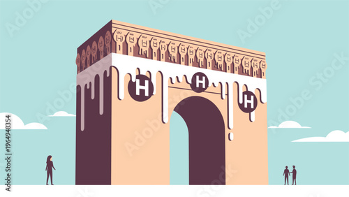 Conceptual architectural structure features dripping white liquid on top with silhouetted figures walking on a flat ground landscape.