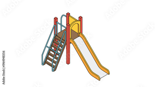Wooden playground structure features stairs and a yellow slide, providing an isometric view of outdoor recreation equipment for kids.