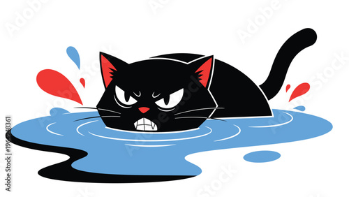Angry black cat swims in blue water with red and blue splashes, funny cartoon character showing feline frustration during a bath.