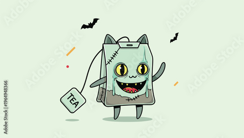 Spooky green tea bag monster character has a feline face and bat wings, creating a unique Halloween themed illustration on a light background.